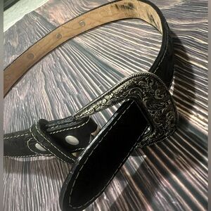 Women Black Leather Belt with Ornate Buckle